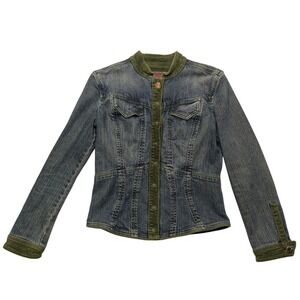 Indigo Palms Denim Jacket Womens Medium Blue Green Corduroy Trim Jeweled Button